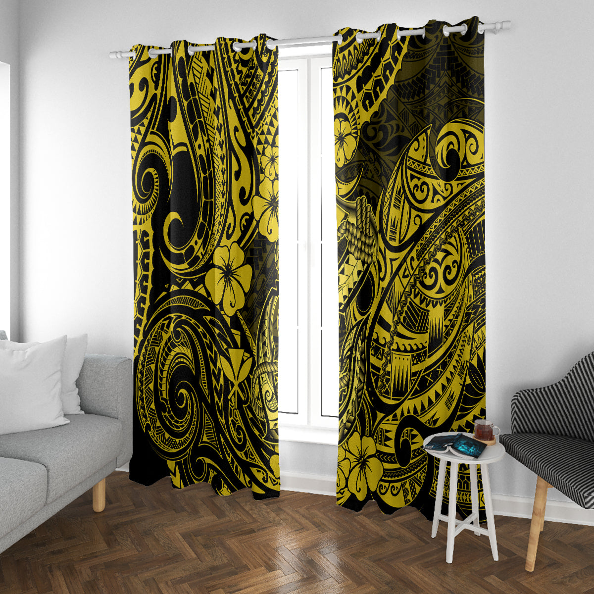 Hawaii Fish Hook Window Curtain Hibiscus Hawaii Tribal Tattoo Yellow Version LT01 - Polynesian Pride