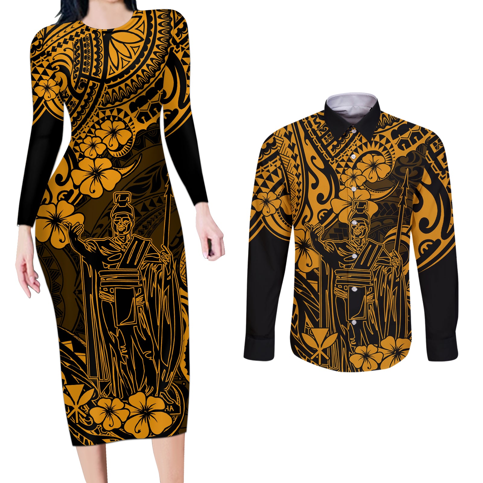 Hawaii King Kamehameha Couples Matching Long Sleeve Bodycon Dress and Long Sleeve Button Shirts Polynesian Pattern Gold Version LT01 Gold - Polynesian Pride