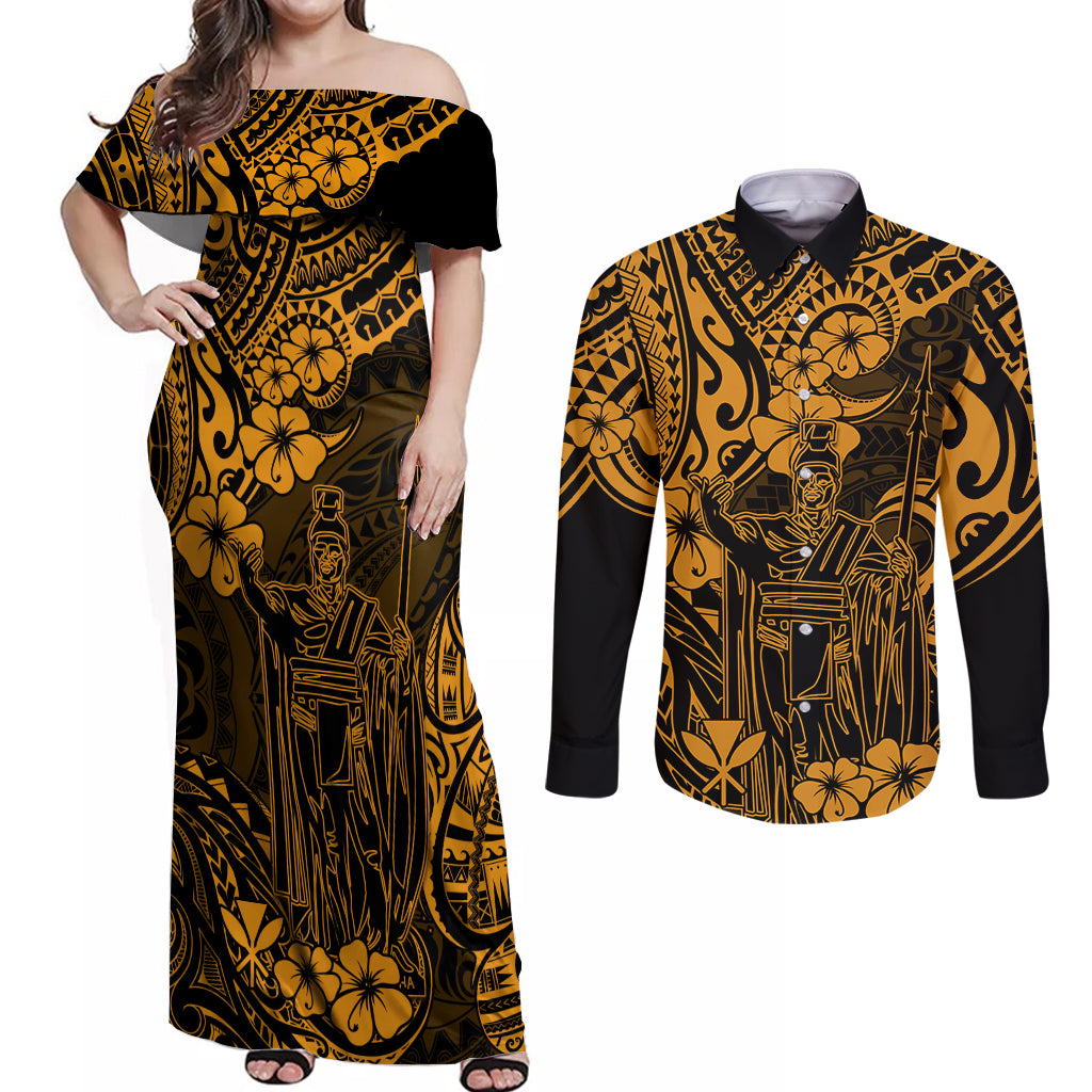 Hawaii King Kamehameha Couples Matching Off Shoulder Maxi Dress and Long Sleeve Button Shirts Polynesian Pattern Gold Version LT01 Gold - Polynesian Pride