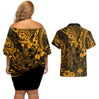 Hawaii King Kamehameha Couples Matching Off Shoulder Short Dress and Hawaiian Shirt Polynesian Pattern Gold Version LT01 - Polynesian Pride