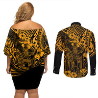 Hawaii King Kamehameha Couples Matching Off Shoulder Short Dress and Long Sleeve Button Shirts Polynesian Pattern Gold Version LT01 - Polynesian Pride