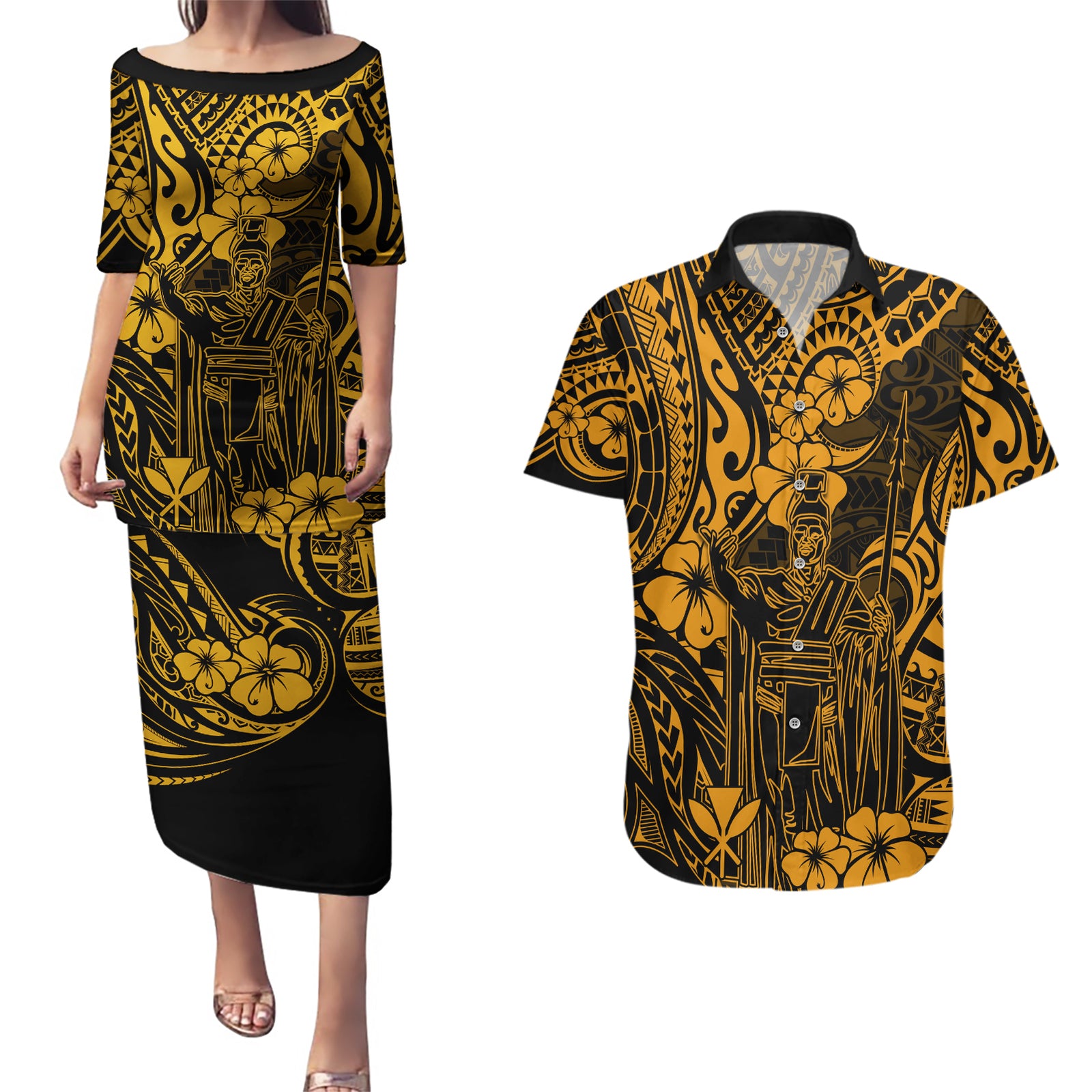 Hawaii King Kamehameha Couples Matching Puletasi Dress and Hawaiian Shirt Polynesian Pattern Gold Version LT01 Gold - Polynesian Pride