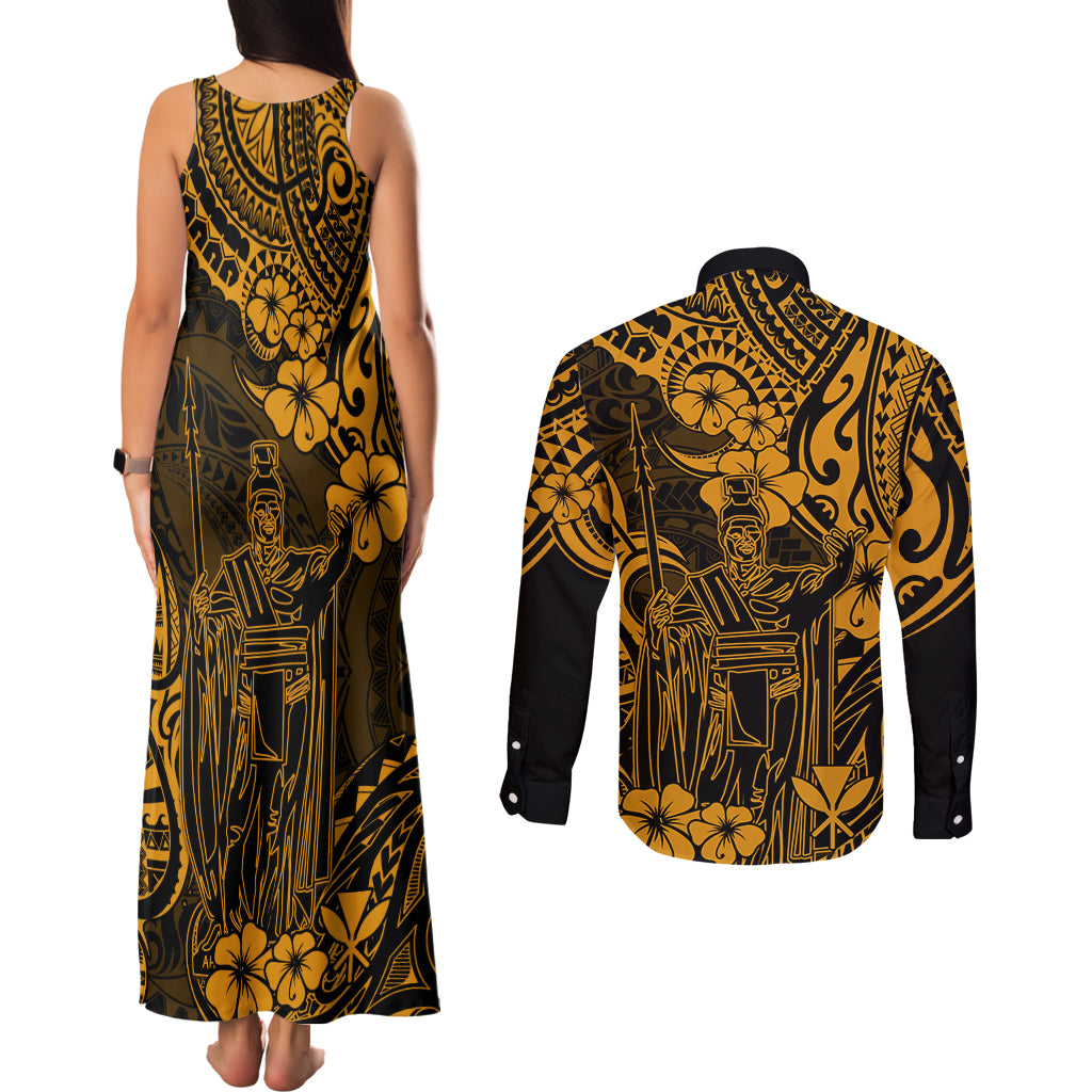 Hawaii King Kamehameha Couples Matching Tank Maxi Dress and Long Sleeve Button Shirts Polynesian Pattern Gold Version LT01 - Polynesian Pride