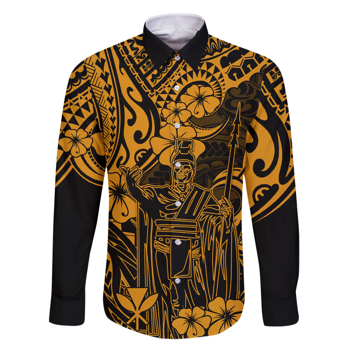 Hawaii King Kamehameha Family Matching Summer Maxi Dress and Hawaiian Shirt Polynesian Pattern Gold Version LT01 Dad's Shirt - Long Sleeve Gold - Polynesian Pride