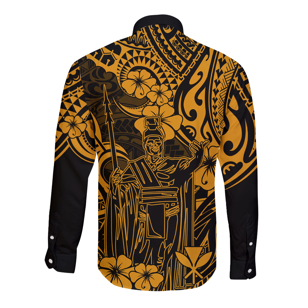 Hawaii King Kamehameha Long Sleeve Button Shirt Polynesian Pattern Gold Version LT01 - Polynesian Pride