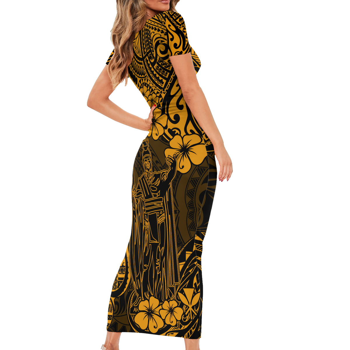 Hawaii King Kamehameha Short Sleeve Bodycon Dress Polynesian Pattern Gold Version LT01 - Polynesian Pride