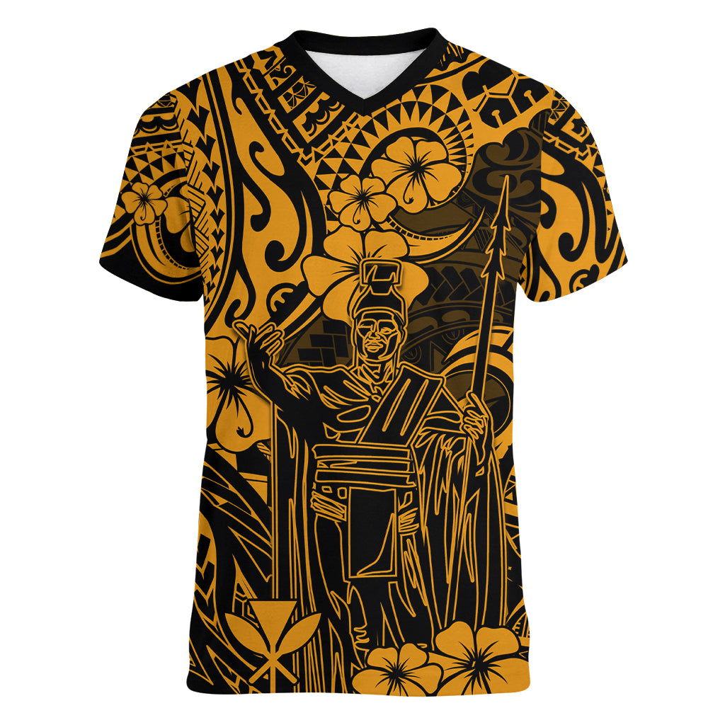Hawaii King Kamehameha Women V Neck T Shirt Polynesian Pattern Gold Version LT01 Female Gold - Polynesian Pride