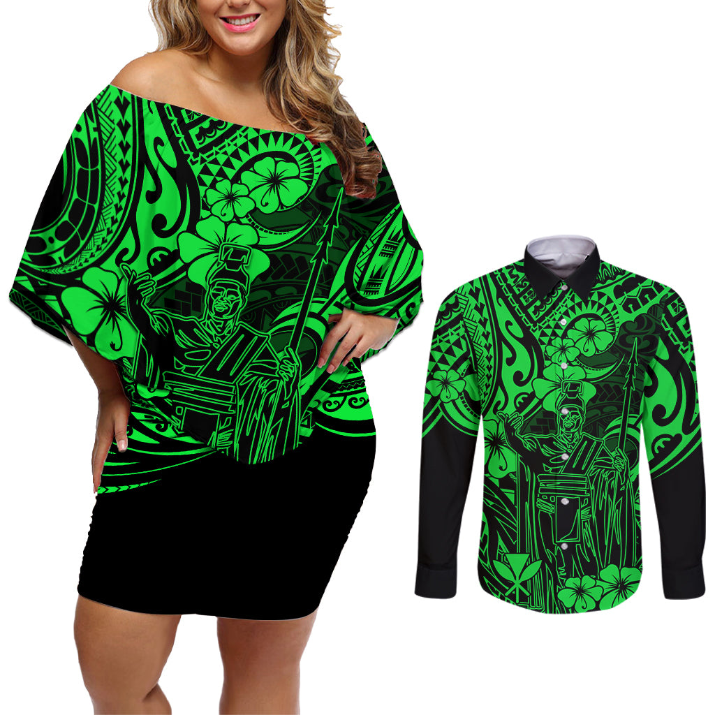 Hawaii King Kamehameha Couples Matching Off Shoulder Short Dress and Long Sleeve Button Shirts Polynesian Pattern Green Version LT01 Green - Polynesian Pride