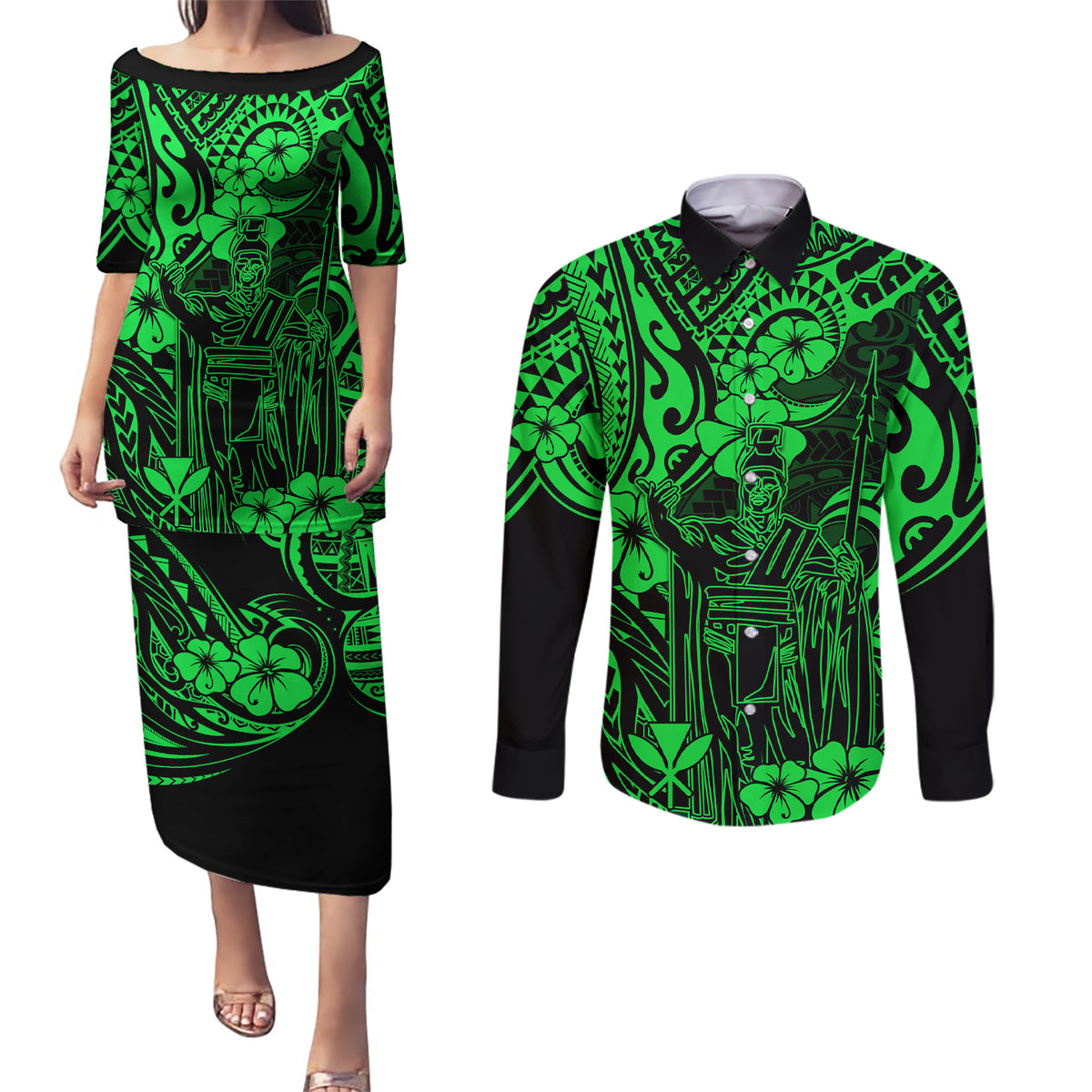 Hawaii King Kamehameha Couples Matching Puletasi Dress and Long Sleeve Button Shirts Polynesian Pattern Green Version LT01 Green - Polynesian Pride