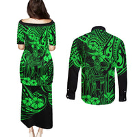 Hawaii King Kamehameha Couples Matching Puletasi Dress and Long Sleeve Button Shirts Polynesian Pattern Green Version LT01 - Polynesian Pride