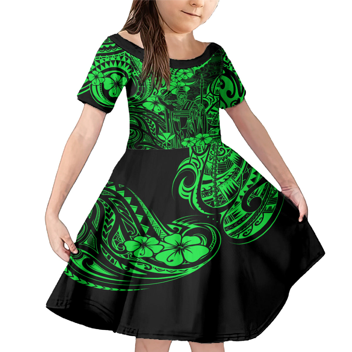 Hawaii King Kamehameha Family Matching Mermaid Dress and Hawaiian Shirt Polynesian Pattern Green Version LT01 Daughter's Dress Green - Polynesian Pride