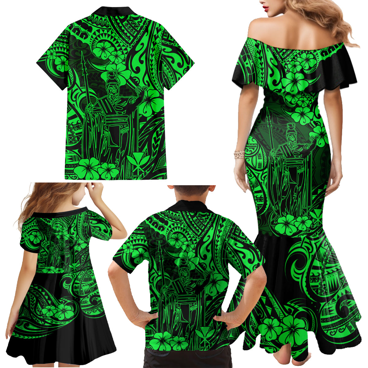 Hawaii King Kamehameha Family Matching Mermaid Dress and Hawaiian Shirt Polynesian Pattern Green Version LT01 - Polynesian Pride