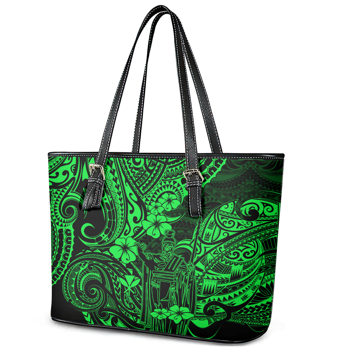 Hawaii King Kamehameha Leather Tote Bag Polynesian Pattern Green Version LT01 - Polynesian Pride