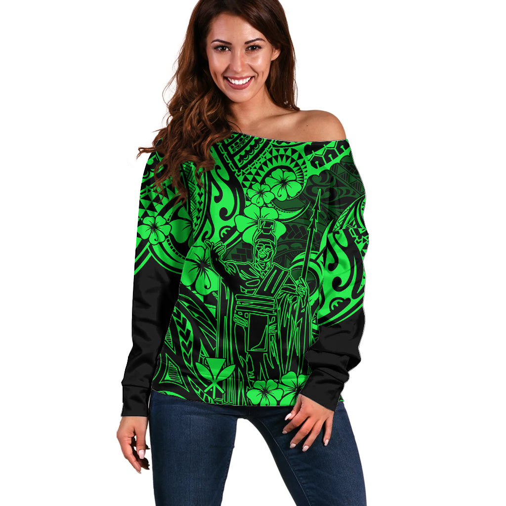 Hawaii King Kamehameha Off Shoulder Sweater Polynesian Pattern Green Version LT01 Women Green - Polynesian Pride