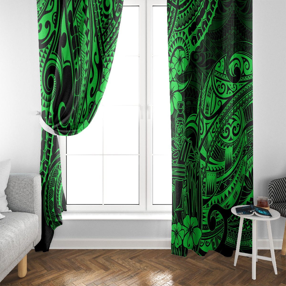 Hawaii King Kamehameha Window Curtain Polynesian Pattern Green Version LT01 - Polynesian Pride