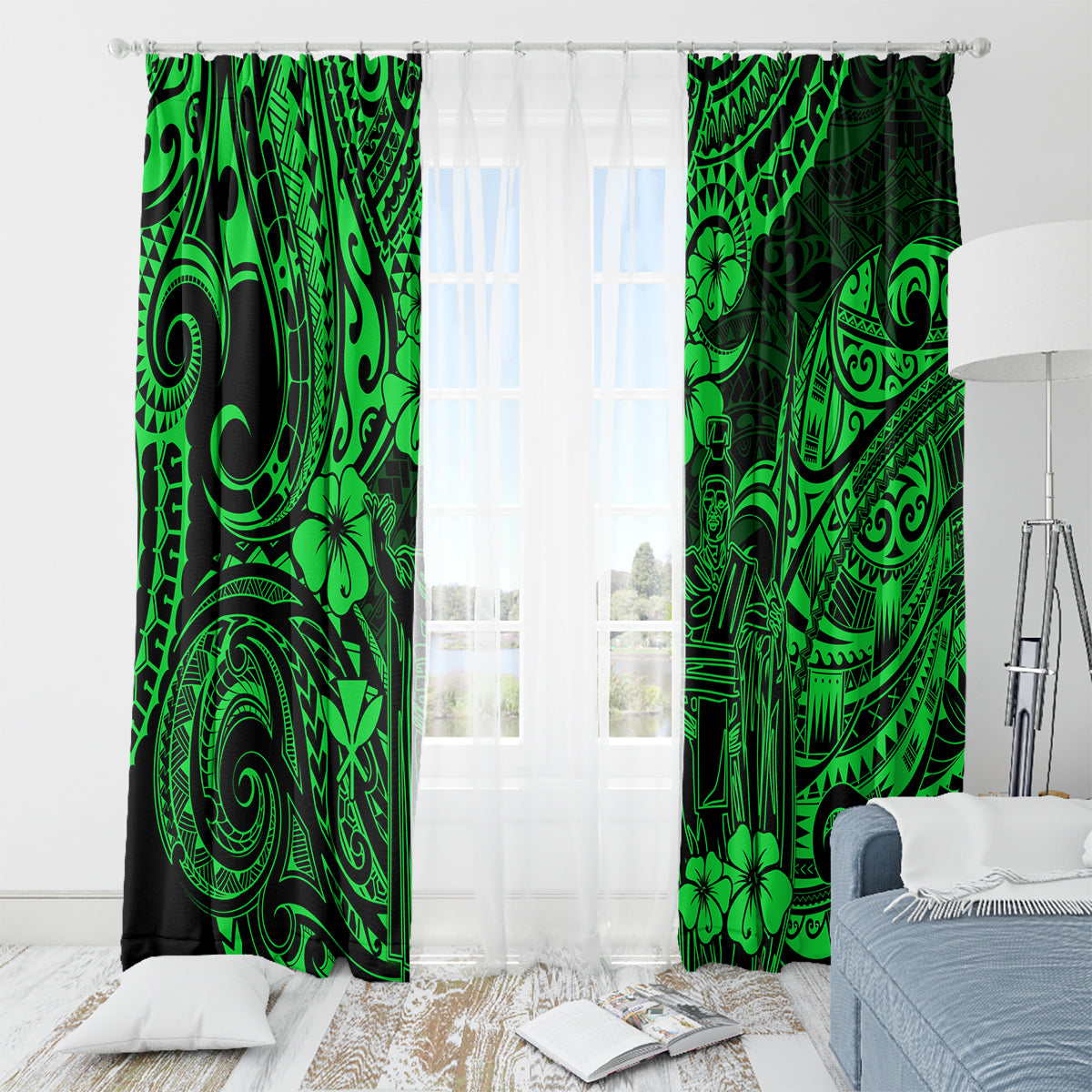 Hawaii King Kamehameha Window Curtain Polynesian Pattern Green Version LT01 - Polynesian Pride