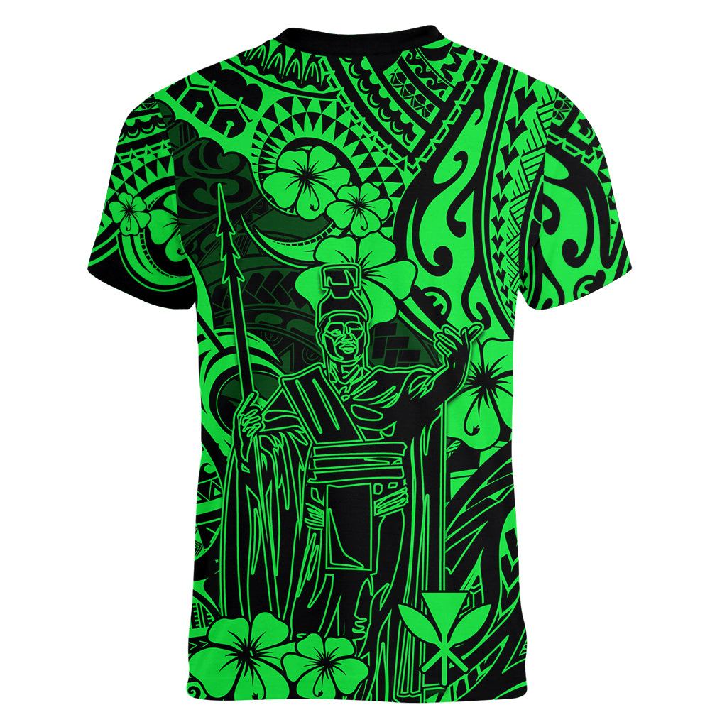 Hawaii King Kamehameha Women V Neck T Shirt Polynesian Pattern Green Version LT01 - Polynesian Pride