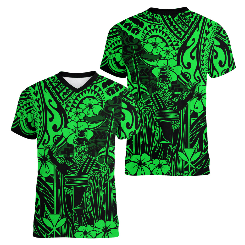 Hawaii King Kamehameha Women V Neck T Shirt Polynesian Pattern Green Version LT01 - Polynesian Pride