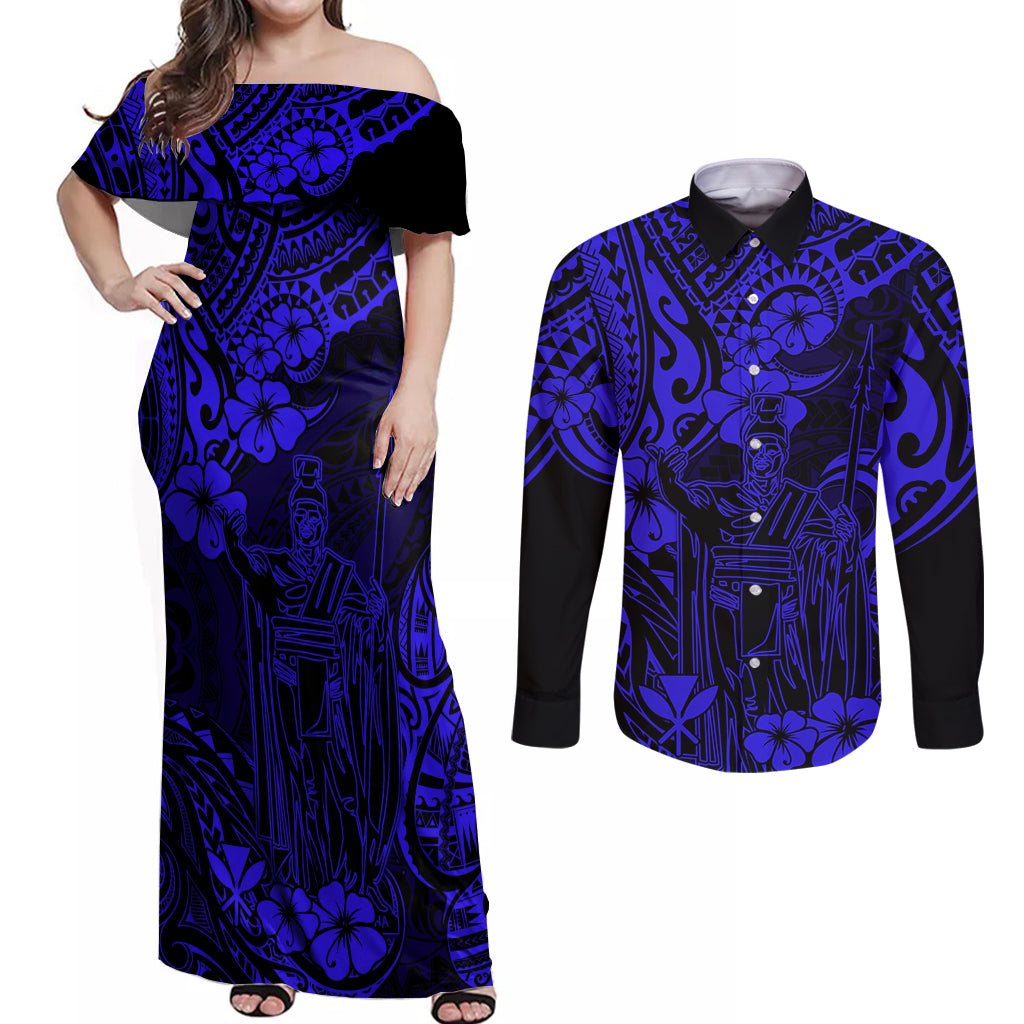 Hawaii King Kamehameha Couples Matching Off Shoulder Maxi Dress and Long Sleeve Button Shirts Polynesian Pattern Navy Blue Version LT01 Blue - Polynesian Pride