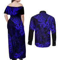 Hawaii King Kamehameha Couples Matching Off Shoulder Maxi Dress and Long Sleeve Button Shirts Polynesian Pattern Navy Blue Version LT01 - Polynesian Pride