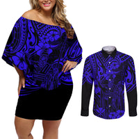 Hawaii King Kamehameha Couples Matching Off Shoulder Short Dress and Long Sleeve Button Shirts Polynesian Pattern Navy Blue Version LT01 Blue - Polynesian Pride