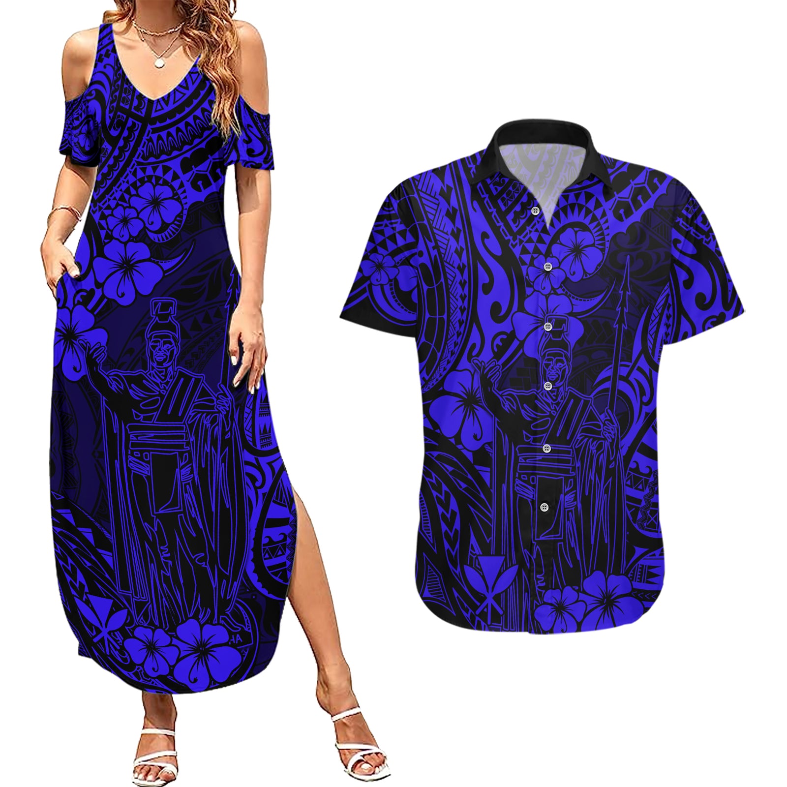 Hawaii King Kamehameha Couples Matching Summer Maxi Dress and Hawaiian Shirt Polynesian Pattern Navy Blue Version LT01 Blue - Polynesian Pride