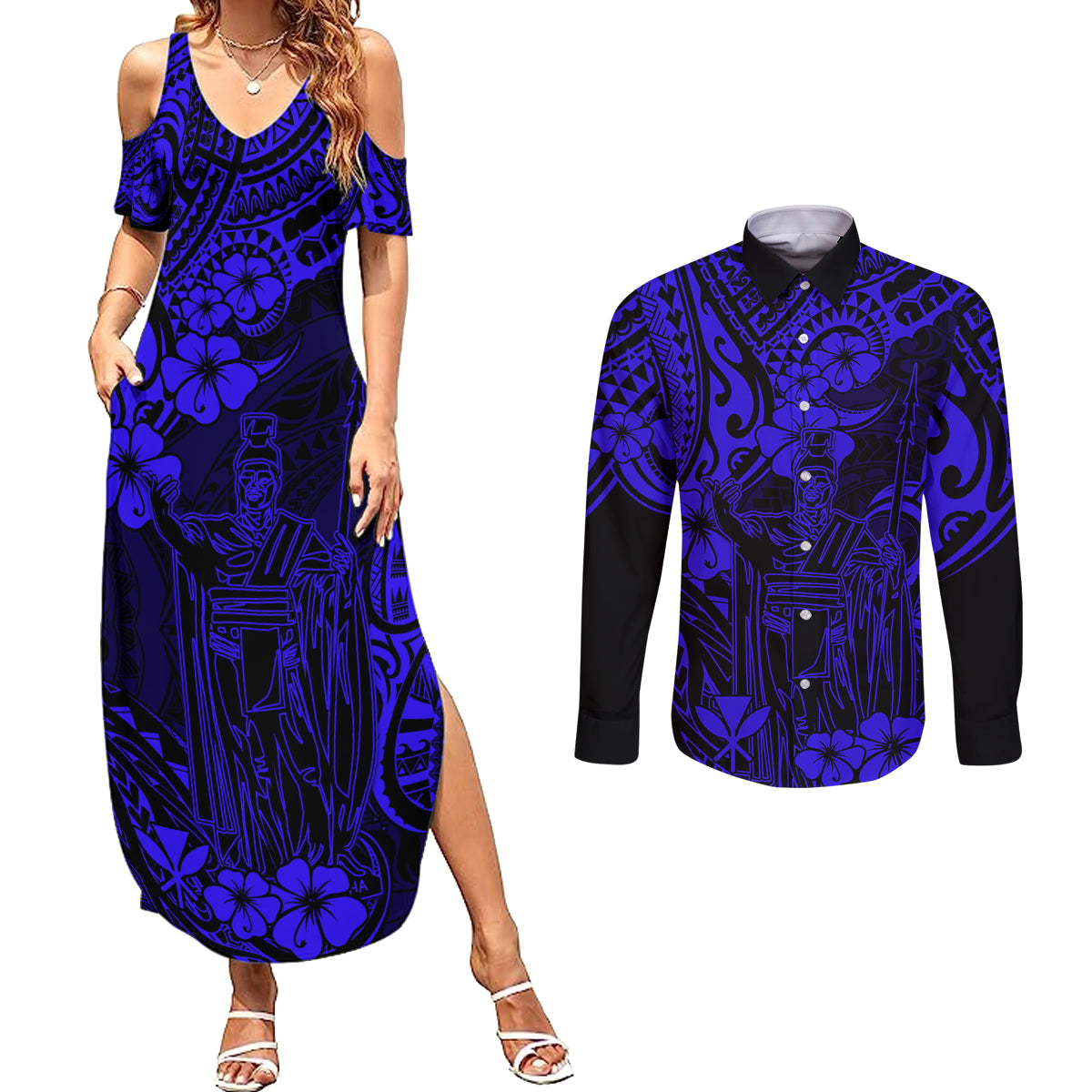 Hawaii King Kamehameha Couples Matching Summer Maxi Dress and Long Sleeve Button Shirts Polynesian Pattern Navy Blue Version LT01 Blue - Polynesian Pride