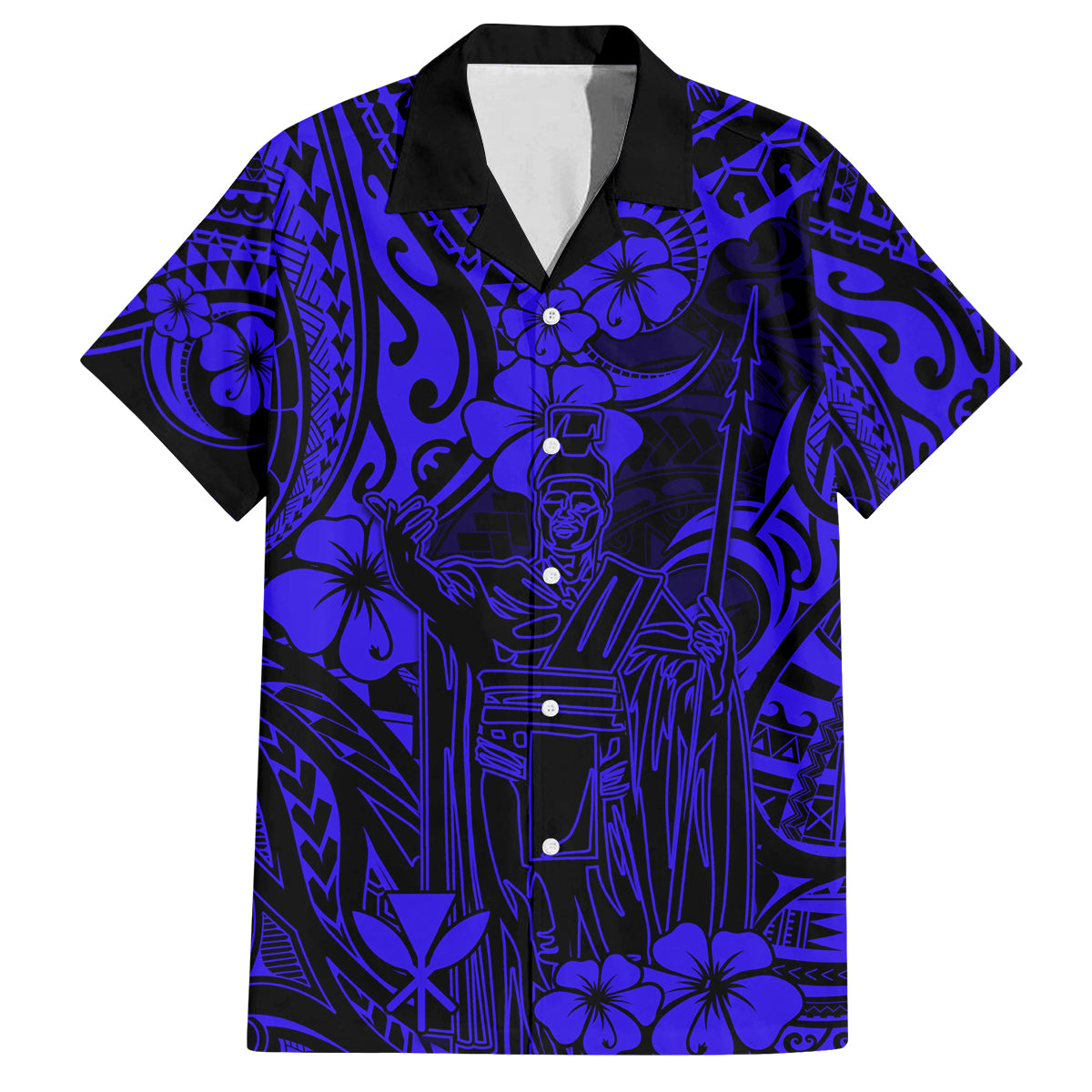 Hawaii King Kamehameha Family Matching Tank Maxi Dress and Hawaiian Shirt Polynesian Pattern Navy Blue Version LT01 Dad's Shirt - Short Sleeve Blue - Polynesian Pride