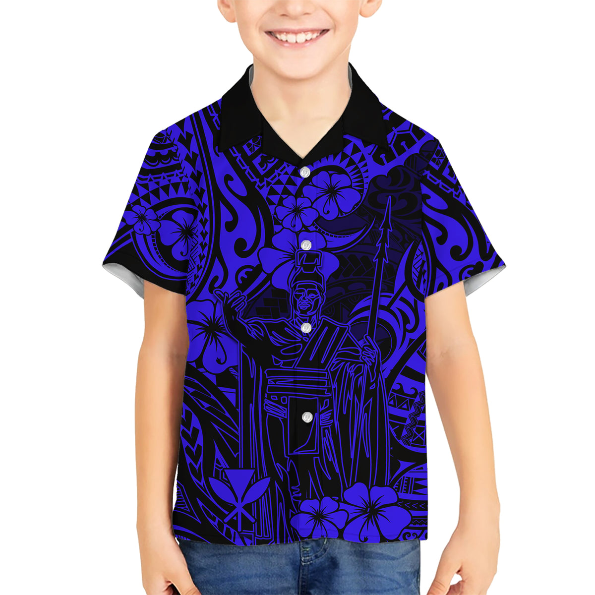 Hawaii King Kamehameha Kid Hawaiian Shirt Polynesian Pattern Navy Blue Version LT01 Kid Blue - Polynesian Pride
