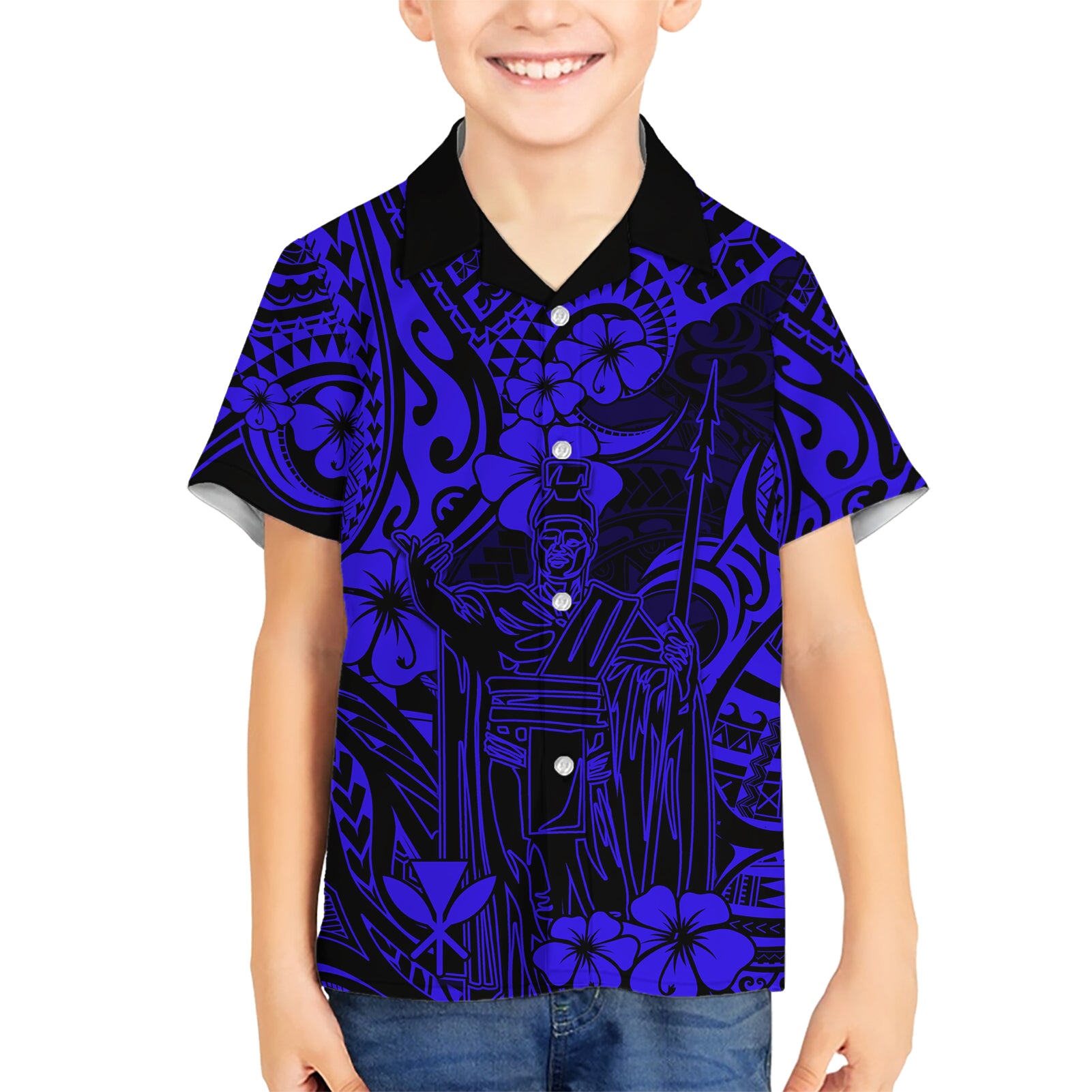 Hawaii King Kamehameha Kid Hawaiian Shirt Polynesian Pattern Navy Blue Version LT01 Kid Blue - Polynesian Pride