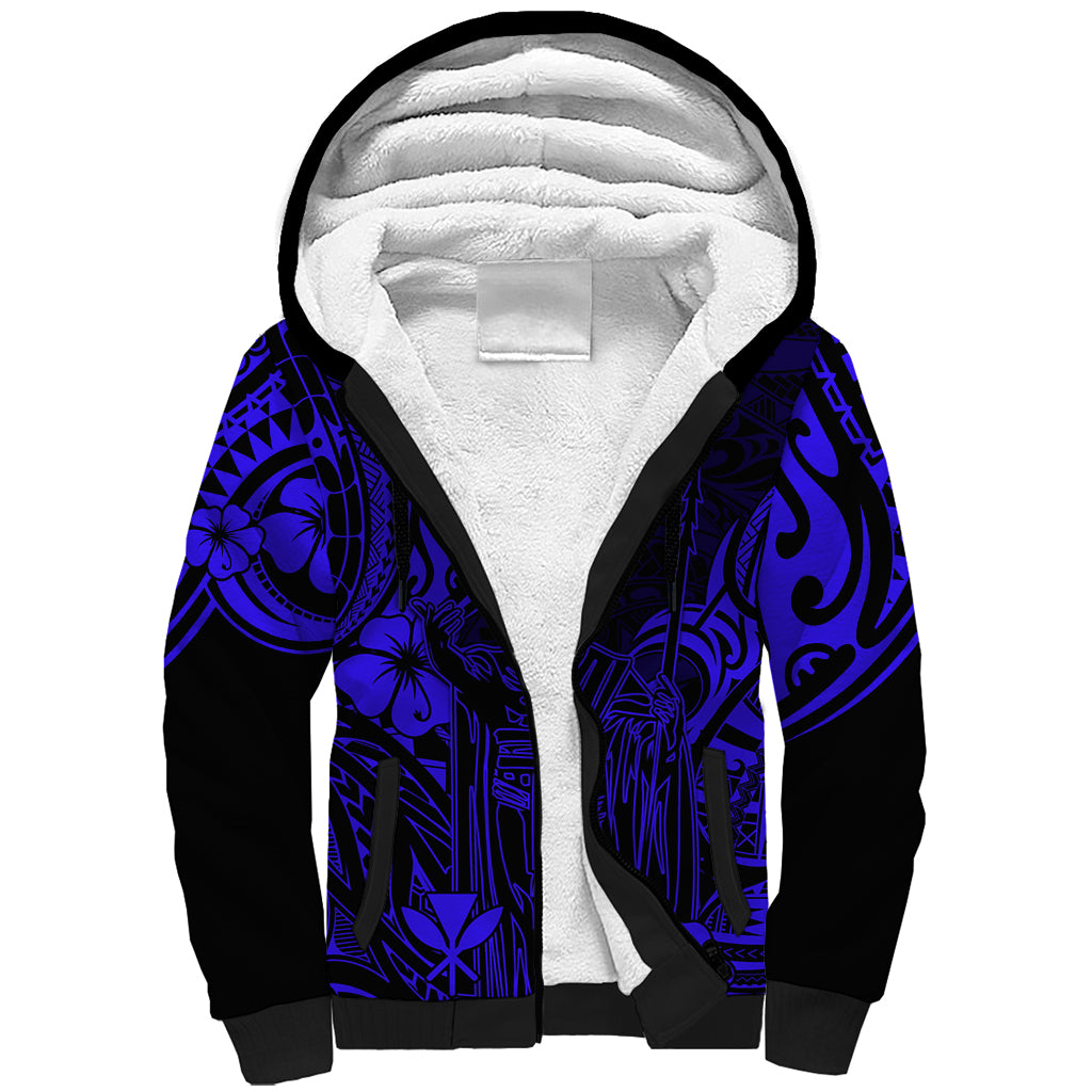 Hawaii King Kamehameha Sherpa Hoodie Polynesian Pattern Navy Blue Version LT01 Unisex Blue - Polynesian Pride