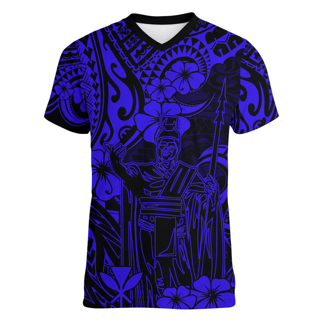 Hawaii King Kamehameha Women V Neck T Shirt Polynesian Pattern Navy Blue Version LT01 Female Blue - Polynesian Pride
