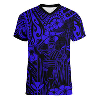 Hawaii King Kamehameha Women V Neck T Shirt Polynesian Pattern Navy Blue Version LT01 Female Blue - Polynesian Pride
