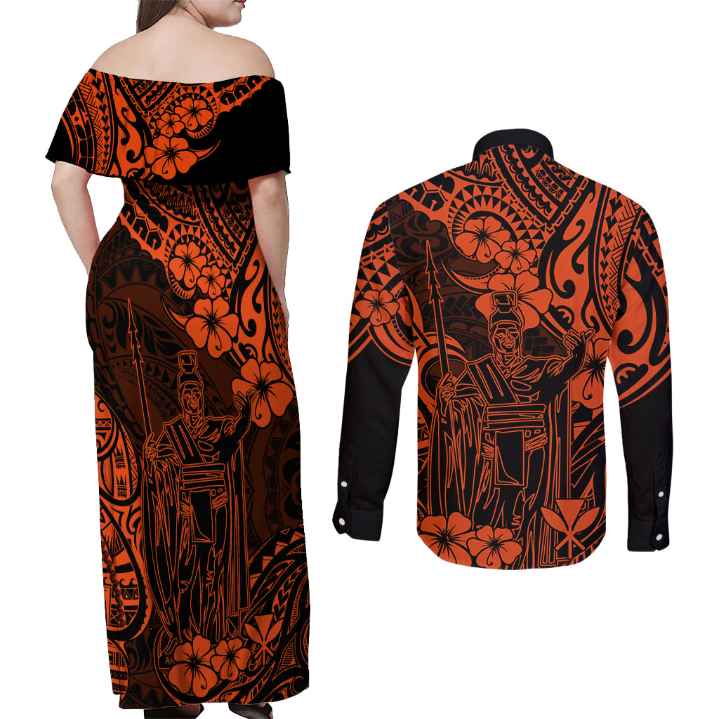 Hawaii King Kamehameha Couples Matching Off Shoulder Maxi Dress and Long Sleeve Button Shirts Polynesian Pattern Orange Version LT01 - Polynesian Pride