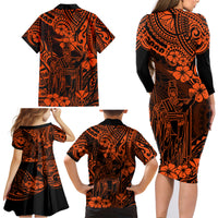 Hawaii King Kamehameha Family Matching Long Sleeve Bodycon Dress and Hawaiian Shirt Polynesian Pattern Orange Version LT01 - Polynesian Pride