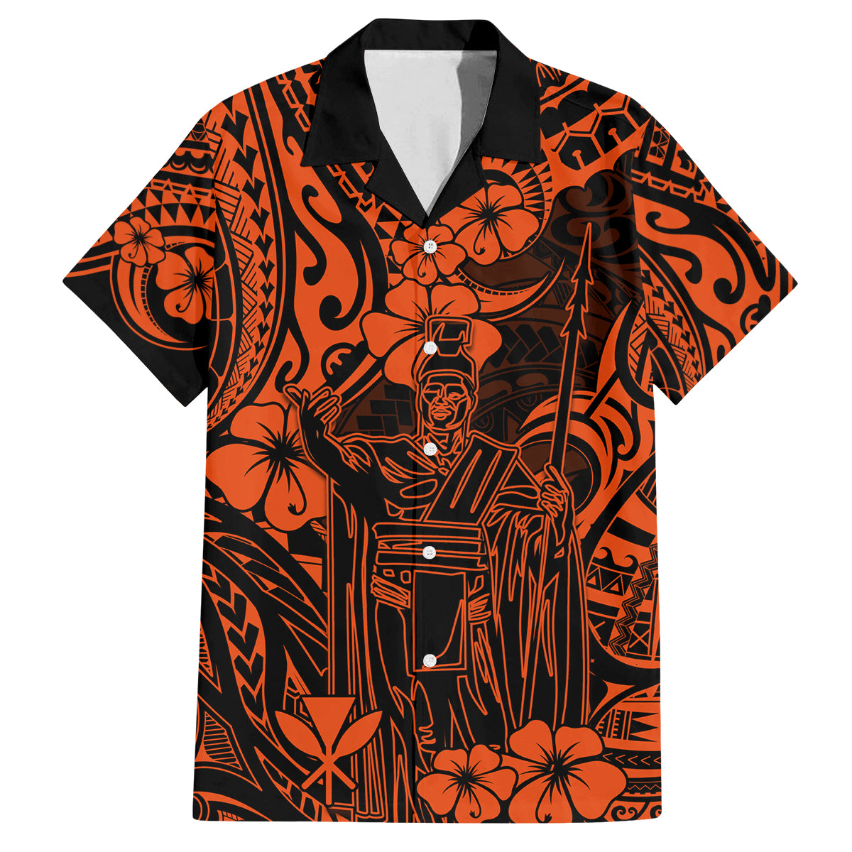 Hawaii King Kamehameha Family Matching Off Shoulder Maxi Dress and Hawaiian Shirt Polynesian Pattern Orange Version LT01 Dad's Shirt - Short Sleeve Orange - Polynesian Pride