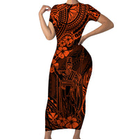 Hawaii King Kamehameha Family Matching Short Sleeve Bodycon Dress and Hawaiian Shirt Polynesian Pattern Orange Version LT01 Mom's Dress Orange - Polynesian Pride