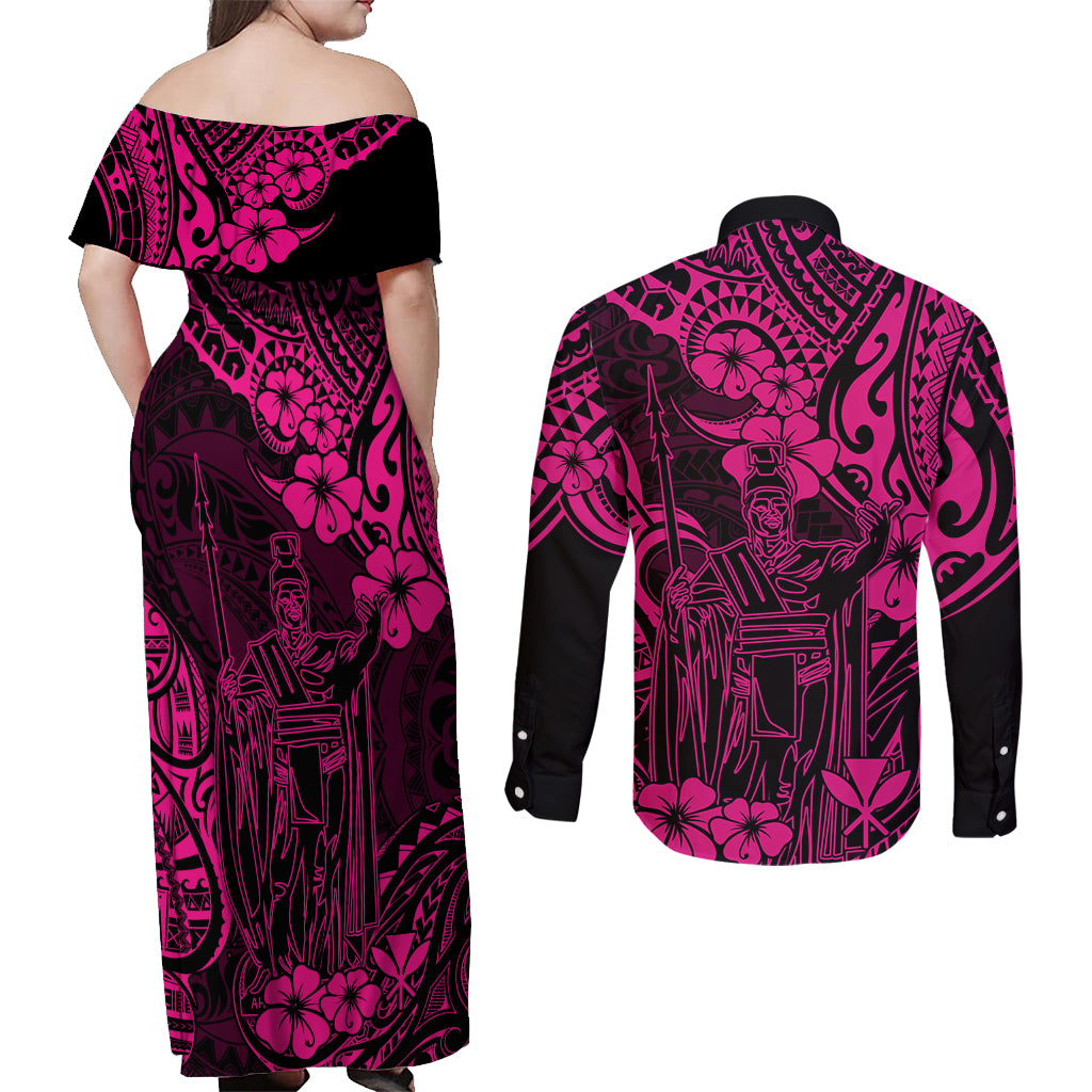 Hawaii King Kamehameha Couples Matching Off Shoulder Maxi Dress and Long Sleeve Button Shirts Polynesian Pattern Pink Version LT01 - Polynesian Pride