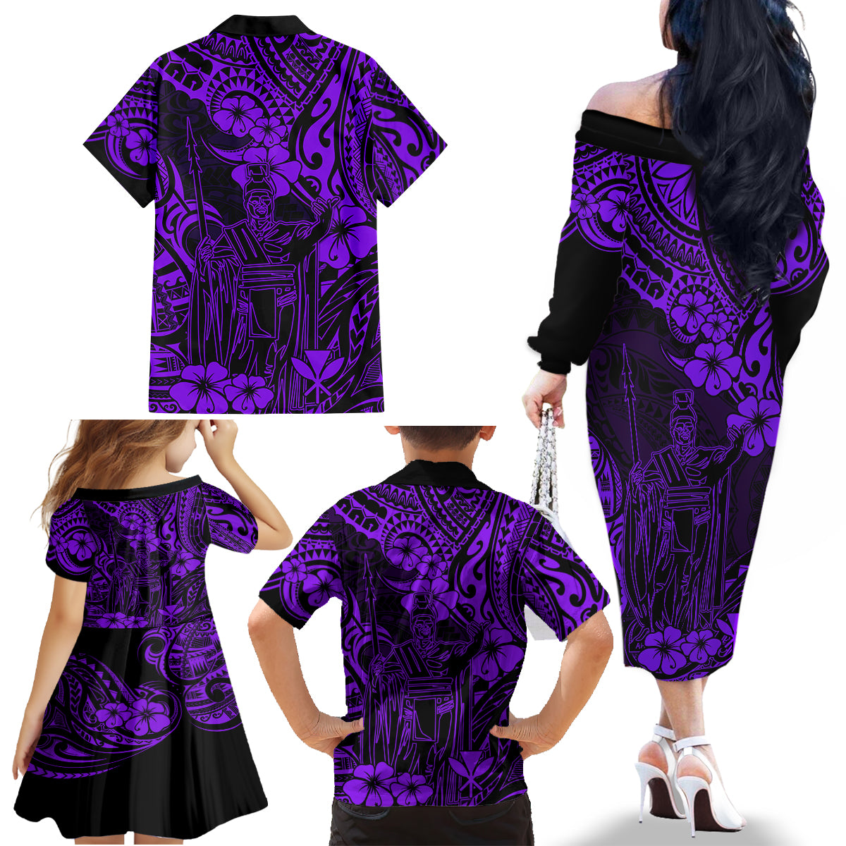 Hawaii King Kamehameha Family Matching Off Shoulder Long Sleeve Dress and Hawaiian Shirt Polynesian Pattern Purple Version LT01 - Polynesian Pride
