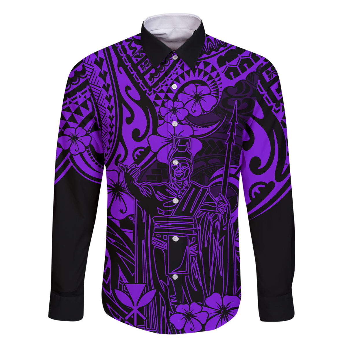 Hawaii King Kamehameha Family Matching Off Shoulder Long Sleeve Dress and Hawaiian Shirt Polynesian Pattern Purple Version LT01 Dad's Shirt - Long Sleeve Purple - Polynesian Pride