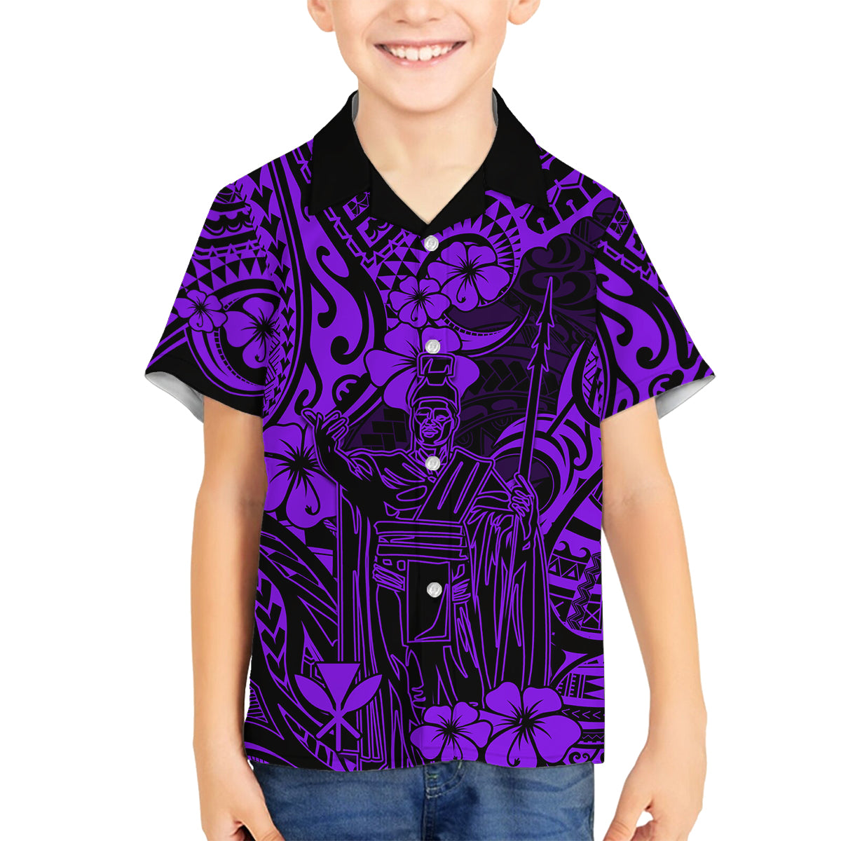 Hawaii King Kamehameha Family Matching Off Shoulder Maxi Dress and Hawaiian Shirt Polynesian Pattern Purple Version LT01 Son's Shirt Purple - Polynesian Pride
