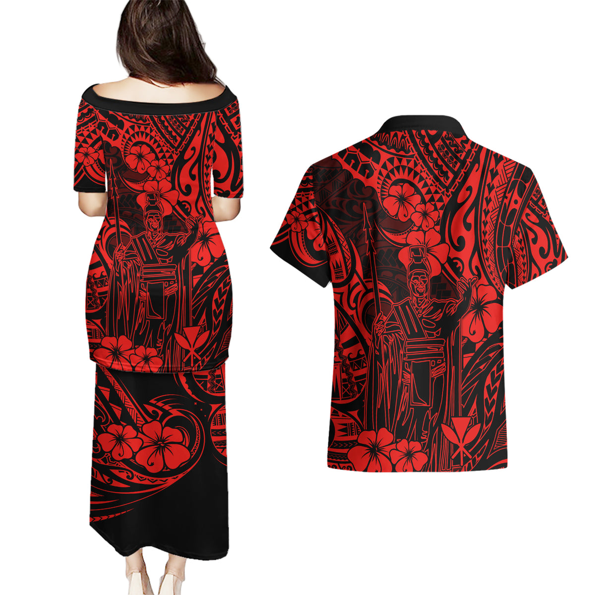 Hawaii King Kamehameha Couples Matching Puletasi Dress and Hawaiian Shirt Polynesian Pattern Red Version LT01 - Polynesian Pride