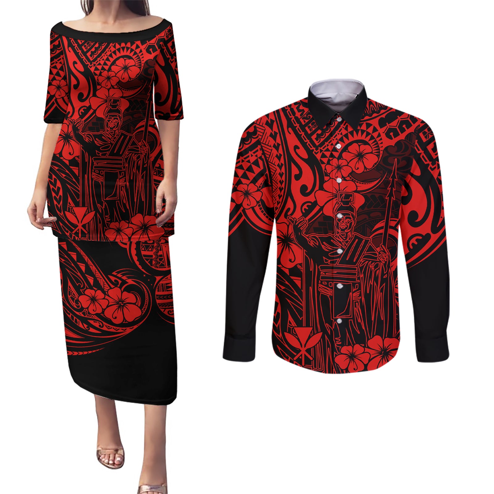Hawaii King Kamehameha Couples Matching Puletasi Dress and Long Sleeve Button Shirts Polynesian Pattern Red Version LT01 Red - Polynesian Pride