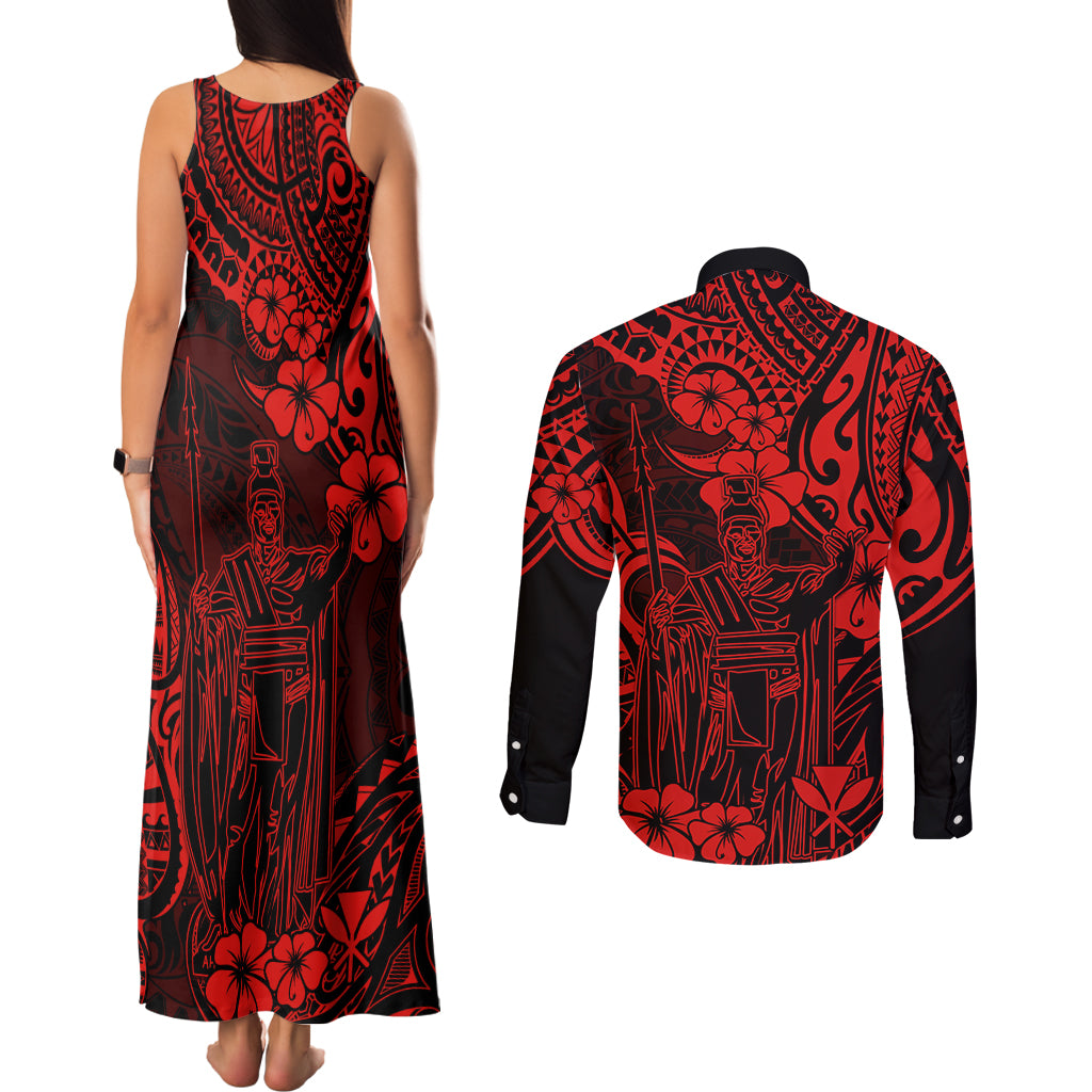 Hawaii King Kamehameha Couples Matching Tank Maxi Dress and Long Sleeve Button Shirts Polynesian Pattern Red Version LT01 - Polynesian Pride