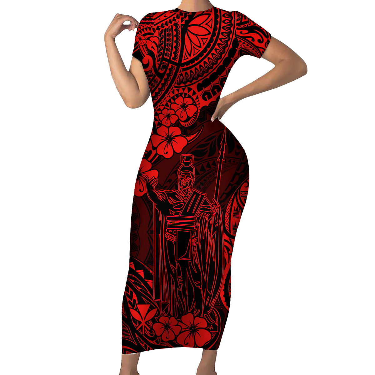 Hawaii King Kamehameha Family Matching Short Sleeve Bodycon Dress and Hawaiian Shirt Polynesian Pattern Red Version LT01 Mom's Dress Red - Polynesian Pride