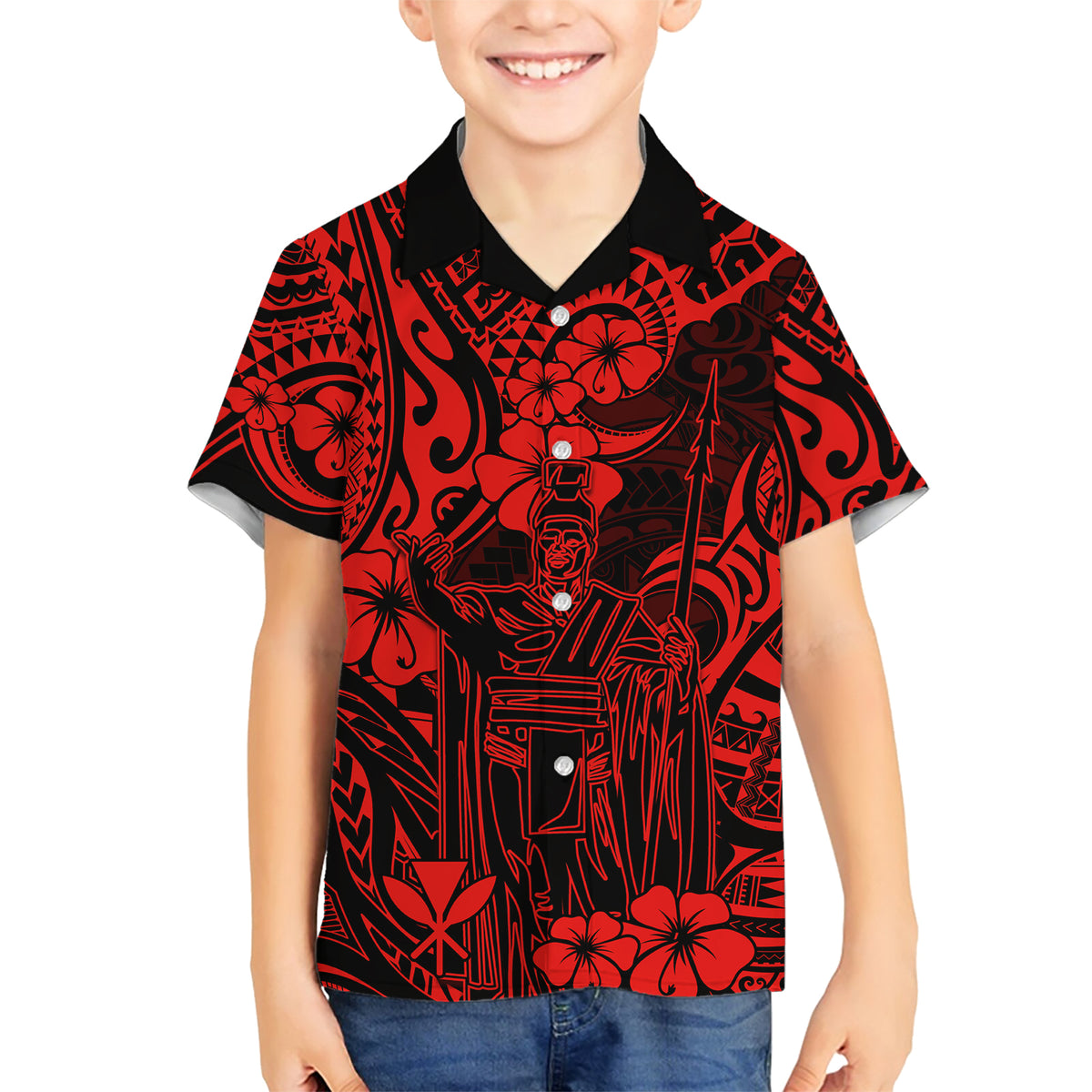 Hawaii King Kamehameha Family Matching Short Sleeve Bodycon Dress and Hawaiian Shirt Polynesian Pattern Red Version LT01 Son's Shirt Red - Polynesian Pride