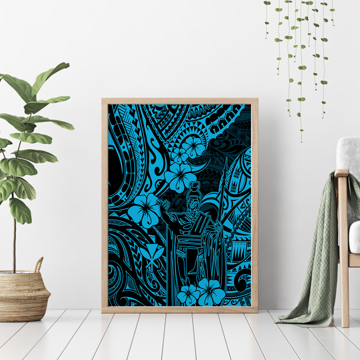Hawaii King Kamehameha Canvas Wall Art Polynesian Pattern Sky Blue Version LT01 - Polynesian Pride