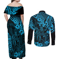Hawaii King Kamehameha Couples Matching Off Shoulder Maxi Dress and Long Sleeve Button Shirts Polynesian Pattern Sky Blue Version LT01 - Polynesian Pride