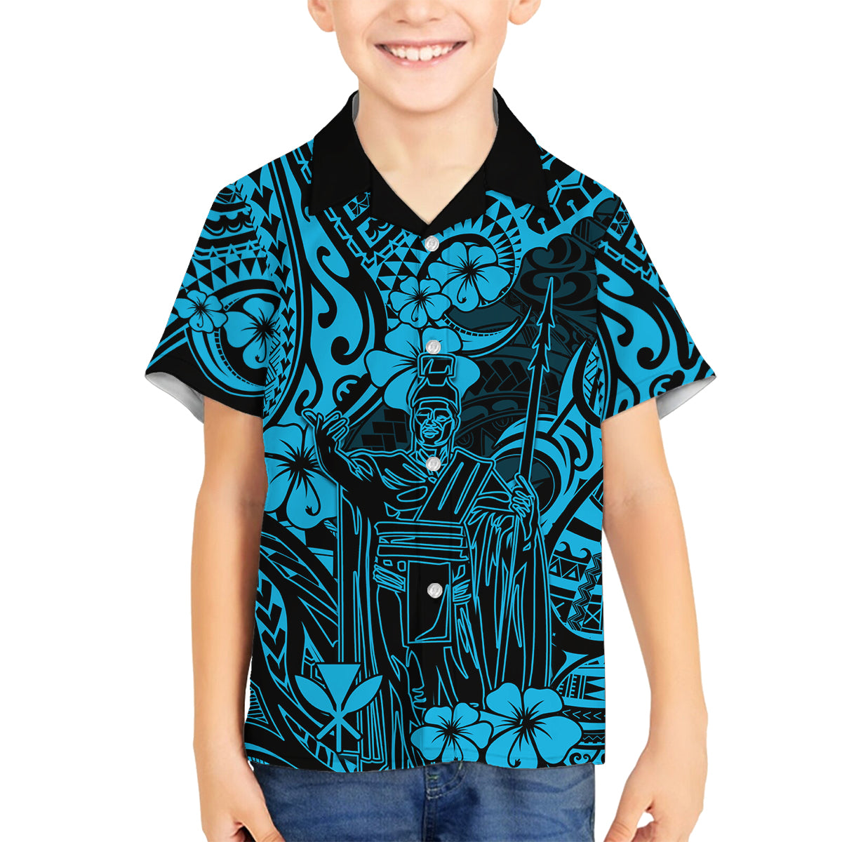 Hawaii King Kamehameha Family Matching Puletasi Dress and Hawaiian Shirt Polynesian Pattern Sky Blue Version LT01 Son's Shirt Blue - Polynesian Pride