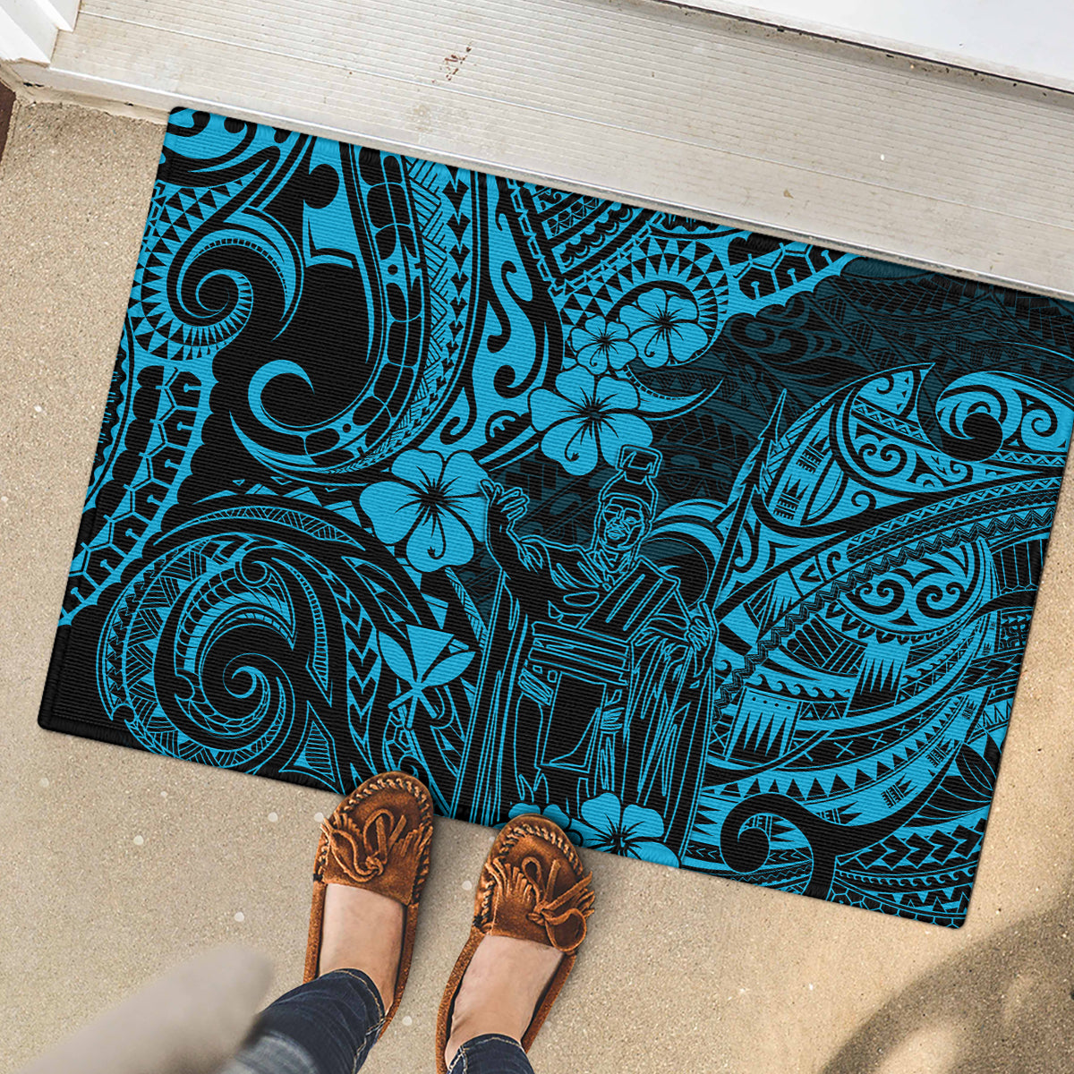 Hawaii King Kamehameha Rubber Doormat Polynesian Pattern Sky Blue Version LT01 - Polynesian Pride